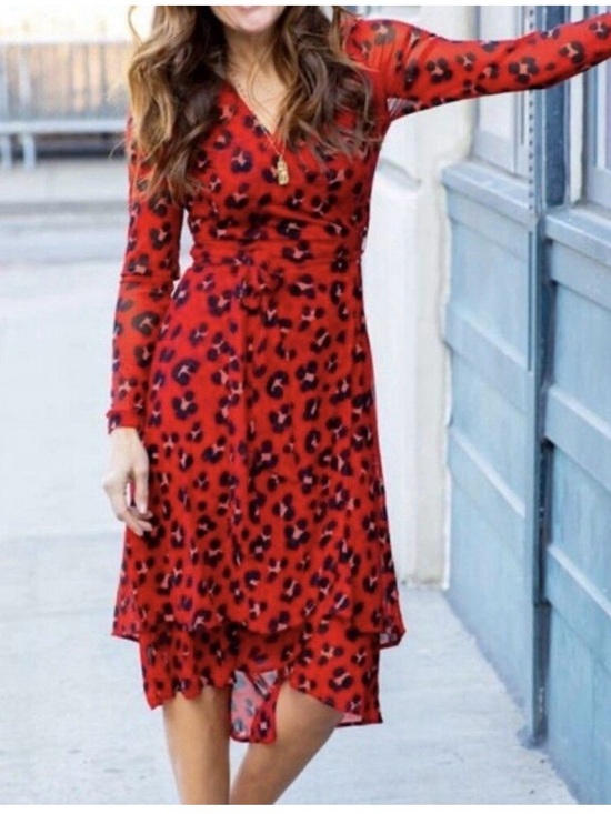 CAbi Dresses & Skirts - CAbi Red and Black Leopard Wrap Dress with Tie Waist